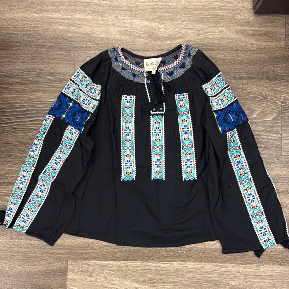 Sea New York Black Peasant Top Embroidered Lined 100% Cotton Size 4